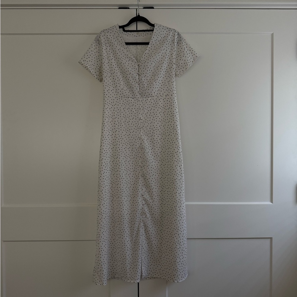 Woman’s Orange Creek White Polka Dot V-neck Sheath Maxi/Midi Dress